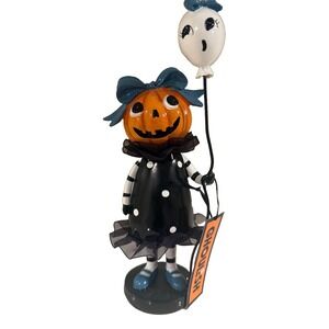 Ghoulish Pumpkin Girl Figurine with Ghost Balloon Halloween Decor Teal Bows